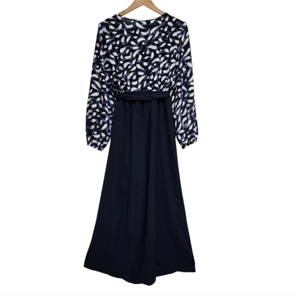 Bloomchic Jumpsuit Women 2X Navy White Surplice Neck Wide Leg Tie Waist Flowy - Picture 2 of 11